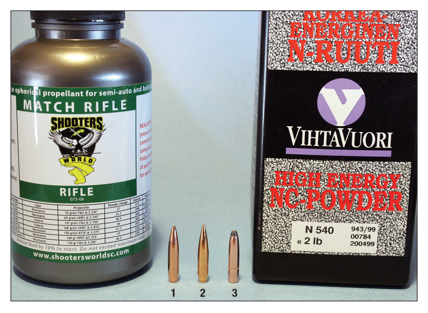Heavier bullets worked best with Shooters World Match Rifle and Vihtavuori N540. (1) Lapua 139-grain Scenar, (2) Berger 140-grain Hunting VLD, (3) Prvi Partizan 156-grain soft-point roundnose.